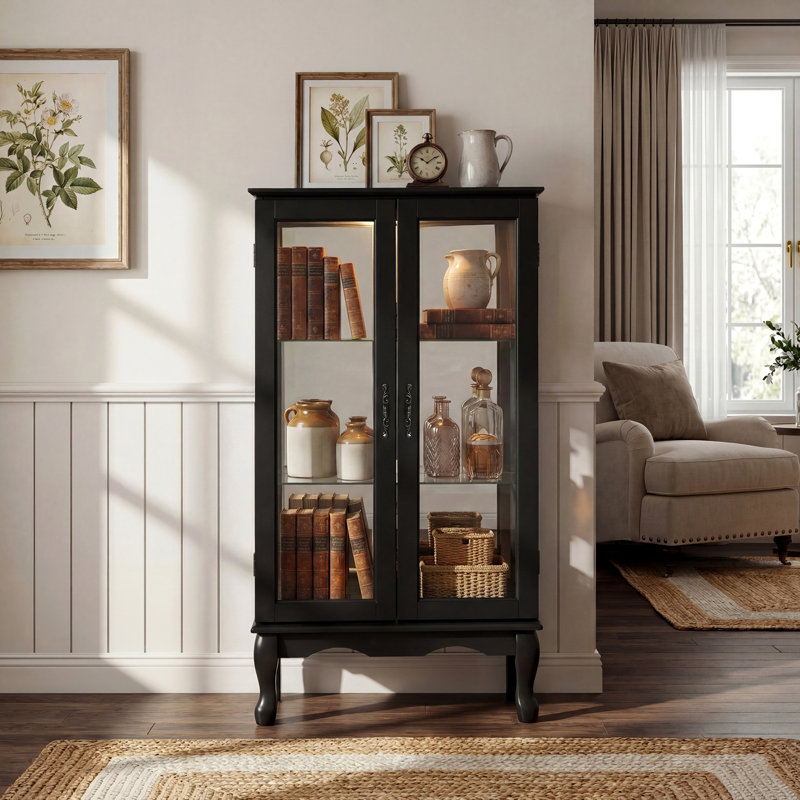 Cabinet Curio avec tablettes réglables et panneau arrière en miroir, portes en verre trempé (noir, 3 niveaux), Noir