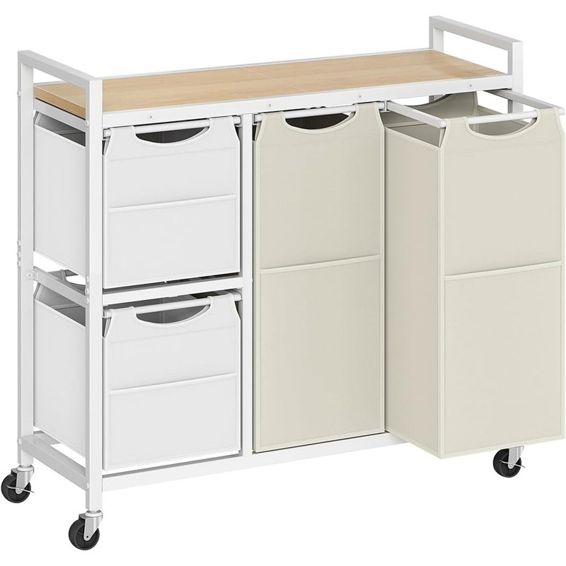 4 Section Laundry Sorter With Wheels, 34 Gallon (127l) Rolling Laundry Hamper With Shelves, Pull-out Detachable Bags And Side Pockets, Laundry Basket Organizer For Home, White, Natural And Beige