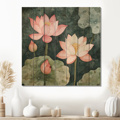 Lily Pad Aura Of Lotus III - Modern Wood Wall Decor On Natural Pine Wood