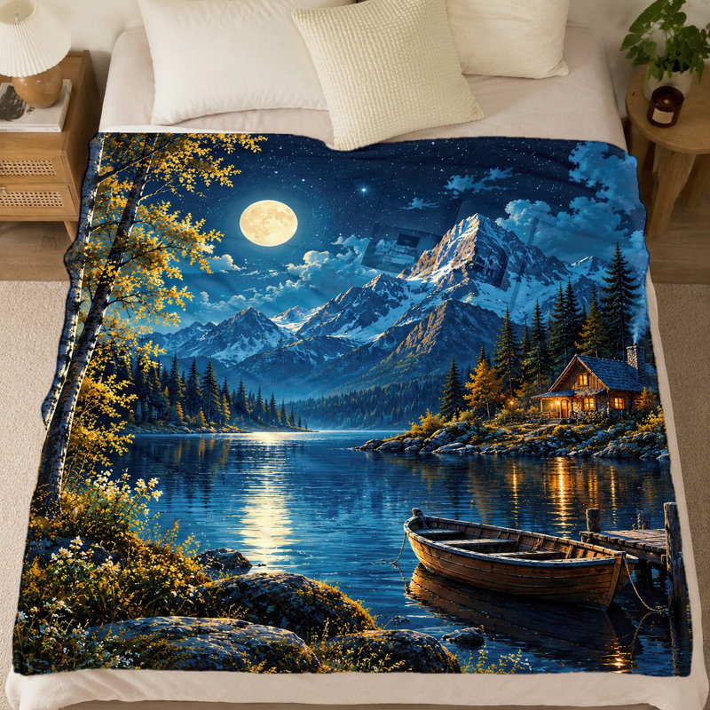 Couverture en flanelle imprimée « Lac et Montagne Sérénité » (1 pièce) – Paysage nocturne saisissant ; Douce et chaude ; Lavable à la machine ; Parfait pour la décoration intérieure et les aventures en plein air ; Cadeau idéal pour les amoureux de la nature. Convient également pour la literie et le canapé.