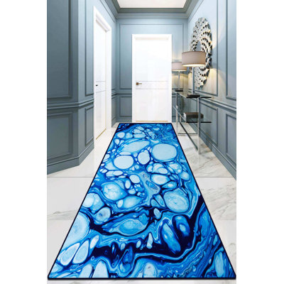 Tapis bleu / blanc en polyester tissé à la machine Mcandrew