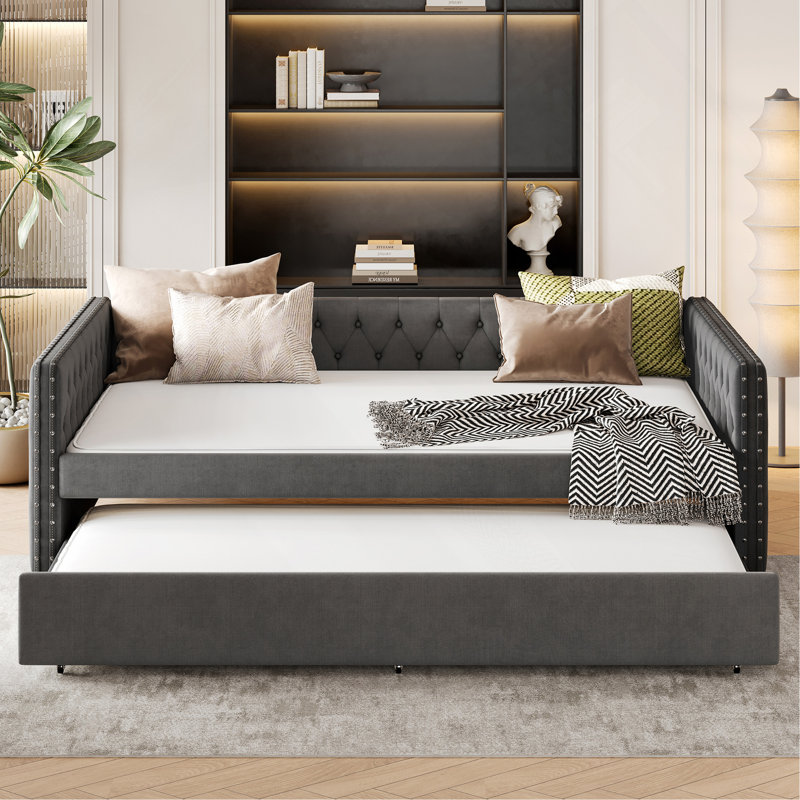 Lit de jour double, canapé-lit capitonné capitonné avec couchette, lit de jour avec bouton et clou en cuivre sur accoudoirs carrés, lit de jour double avec couchette simple