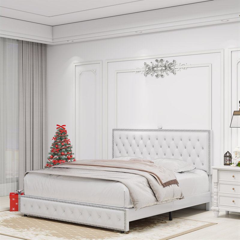 Upholstered Bed with Diamond Button, Modern Bed Frame with Galaxy Projector, No Box Spring Needed & Noise-Free Sturdy Wood Slats, PU