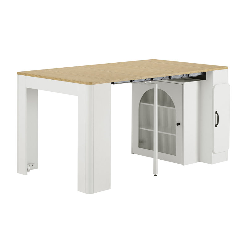 59" Expandable Kitchen Island With Pull-Out Dining Table And Storage Rack, Beige