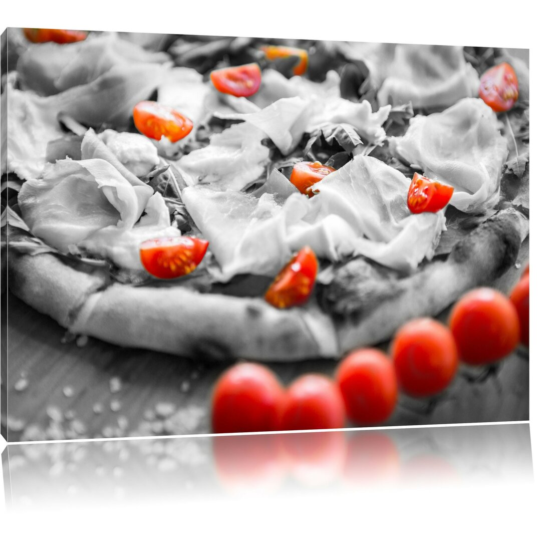 Leinwandbild Pizza mit Schinken und Tomaten