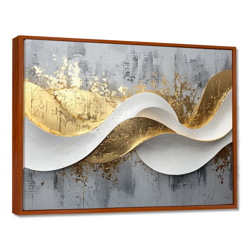 Abstrait bosquet d'introspection en or et blanc V - art abstrait de vagues modernes, H 34 po x l 44 po, Brun, Cadre flottant