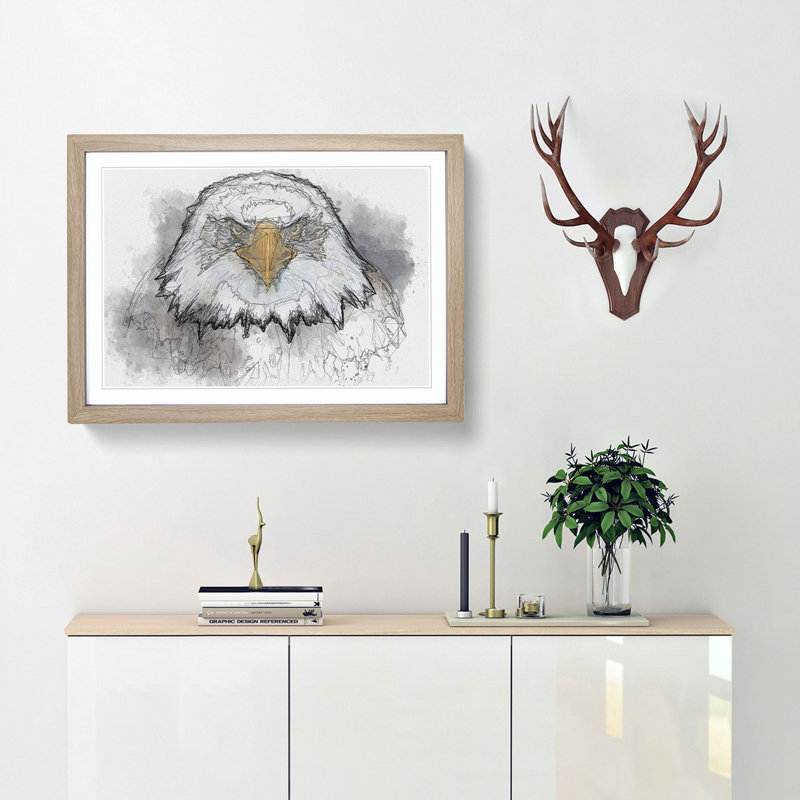 Bald Eagle Bird in Abstract - Picture Frame Graphic Art Print, 62cm H x 87cm W x 2cm D, Oak Framed
