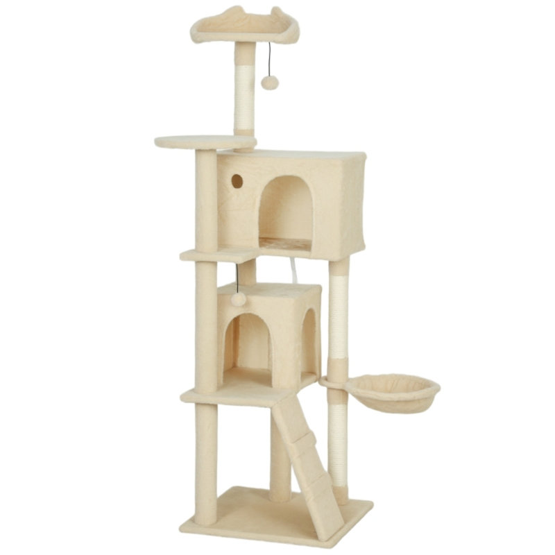 160cm Large Multi‑Level Cat Tree Tower with Condos, Hammock & Sisal Scratching Posts, Beige