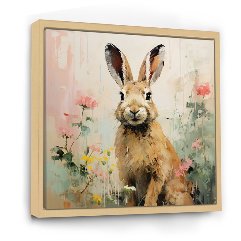 Curious floral rabbit meadow III - Lapin, art mural, H 36 po x l 36 po x P 1,5 po, Cadre flottant brun