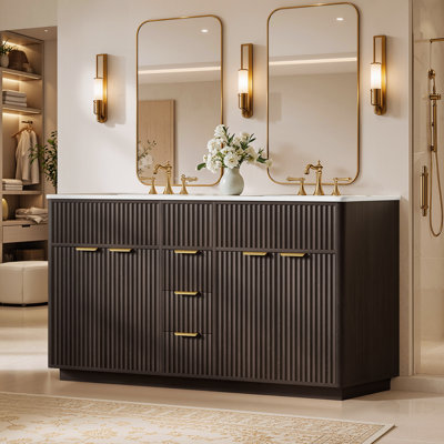60" Freestanding Double Sink Bathroom Vanity with Fluted Doors and Drawers, Brown