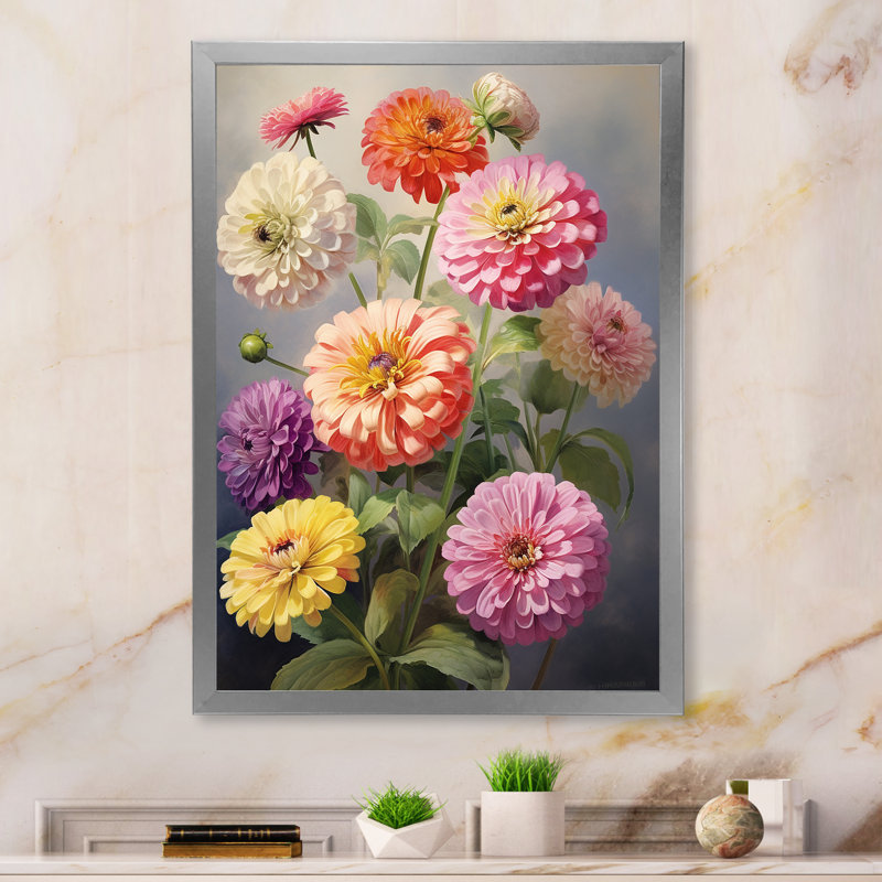 "Colorful Zinnias", impression romantique sur toile encadrée, Cadre simple argenté, H 20 po x l 12 po x P 1 po
