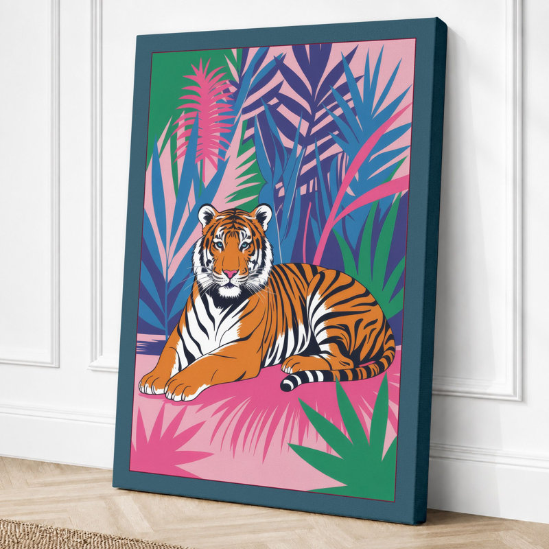 Tiger In Tropics Tropical - Print, 24x16 - 61.0 x 40.6 cm, Teal Border