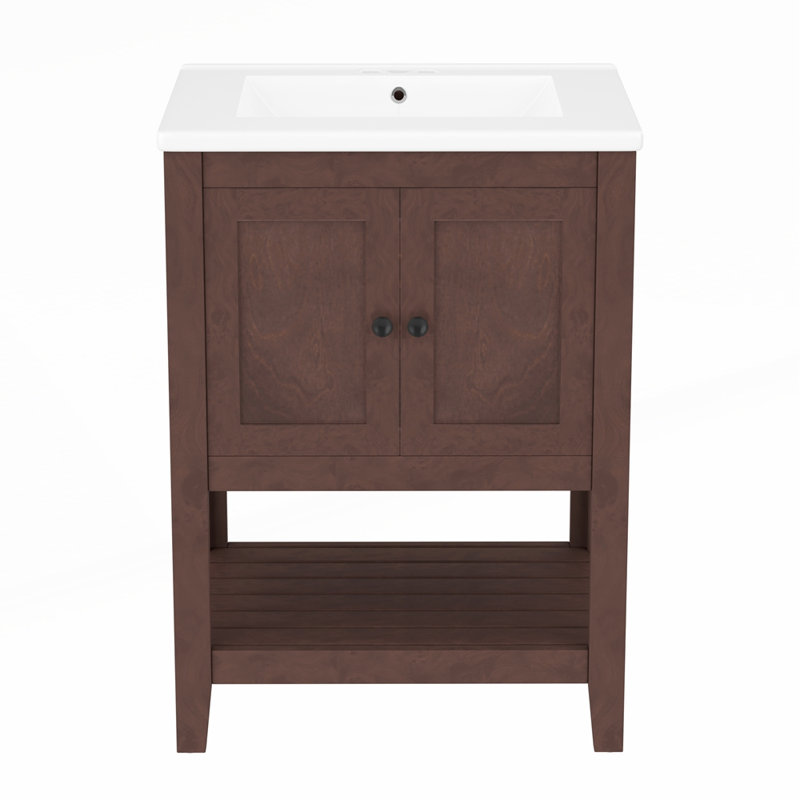 Modern Sleek Bathroom Vanity with Elegant Ceramic Sink and Solid Wood Frame, Open Style Shelf for Storage, Brown