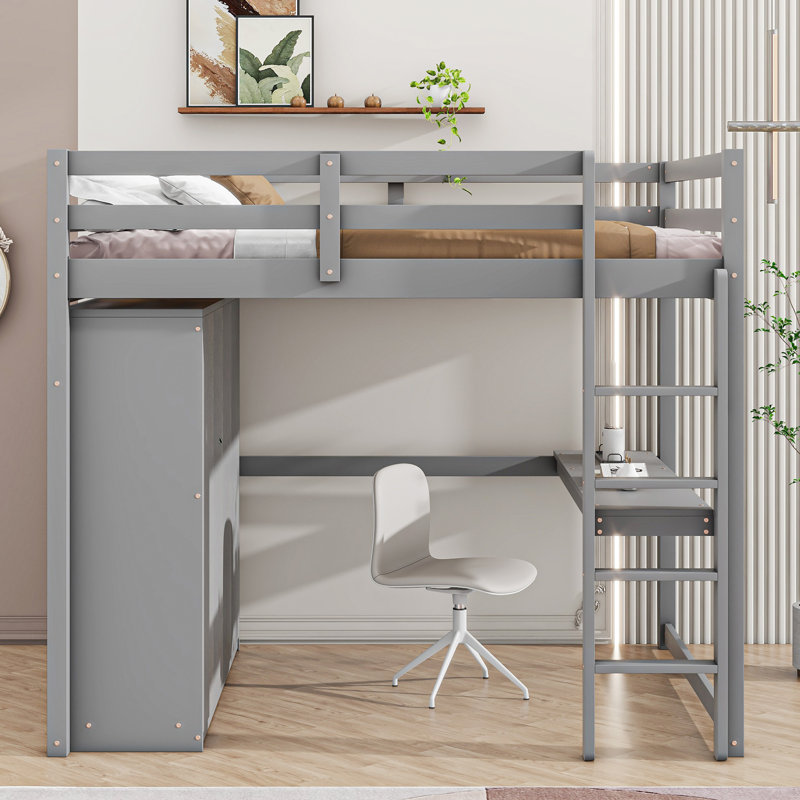 Lit mezzanine en bois avec garde-robe intégré, Gris