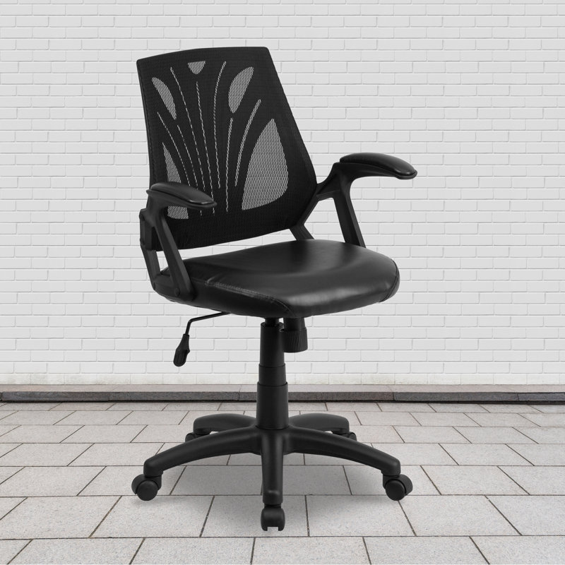 Mid-Back Designer Mesh Swivel Task Office Chair with Open Arms, Leather