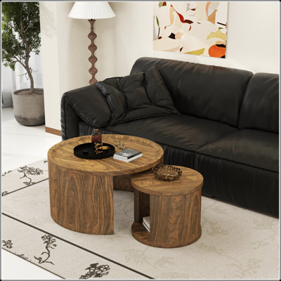 Ensemble de 2 tables basses rondes gigognes avec plateau en bois, conception peu encombrante pour les salons modernes et les petits espaces