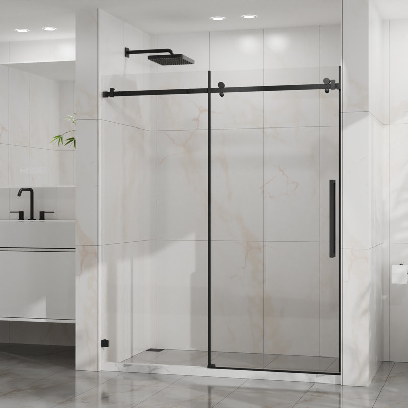 60" W X 72" H Frameless Sliding Shower Door, 1/4" Thick Tempered Clear Glass With Easy-Clean Coating, Stainless Steel, Matte Black Finish | Gift Idea
