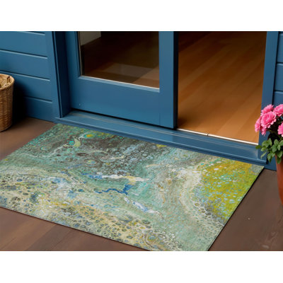 3' X 5' Teal Blue Lime Green And Green Abstract Washable Indoor Outdoor Area Rug