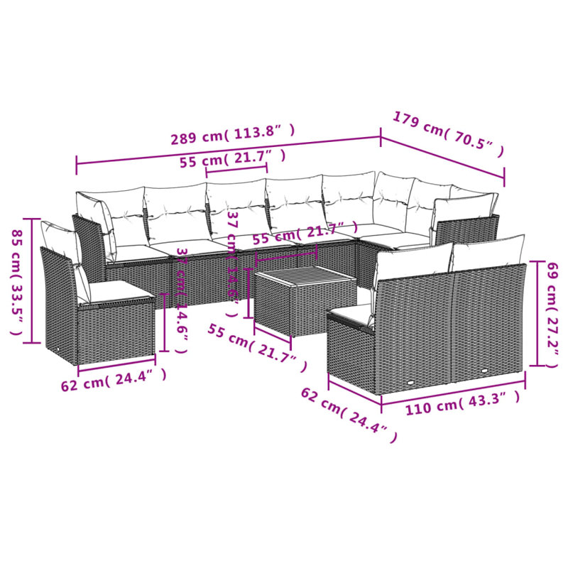 Ensemble de canapé de jardin Vidaxl, Gris, Gris