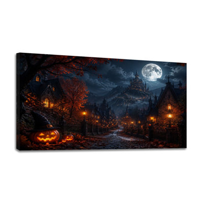 Canvas Wall Art Spooky Halloween Village Glowing Pumpkins Full Moon Wall Decor for Living Room Bathroom Bedroom Office 24"H x 48"W Art Paintings, Ready to Hang
