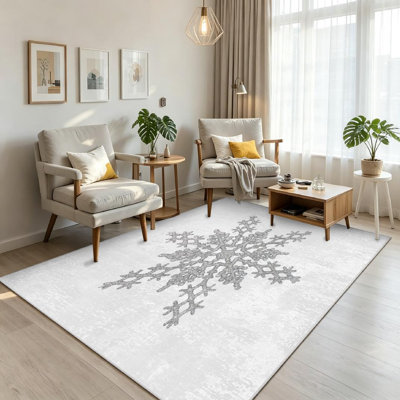 White Silver Snowflake Christmas Decoration Ornament Winter Snow Festive Xmas Machine Washable Indoor Area Rug