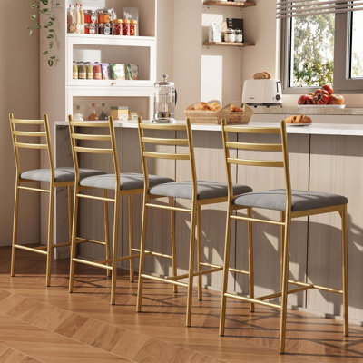 Ensemble de 4 tabourets de bar, chaises de bar à hauteur de comptoir avec dossier et coussin épais, chaises de salle à manger rembourrées avec siège rembourré, tabourets de bar pour îlot de cuisine, bar, salle à manger, doré, paquet de 4