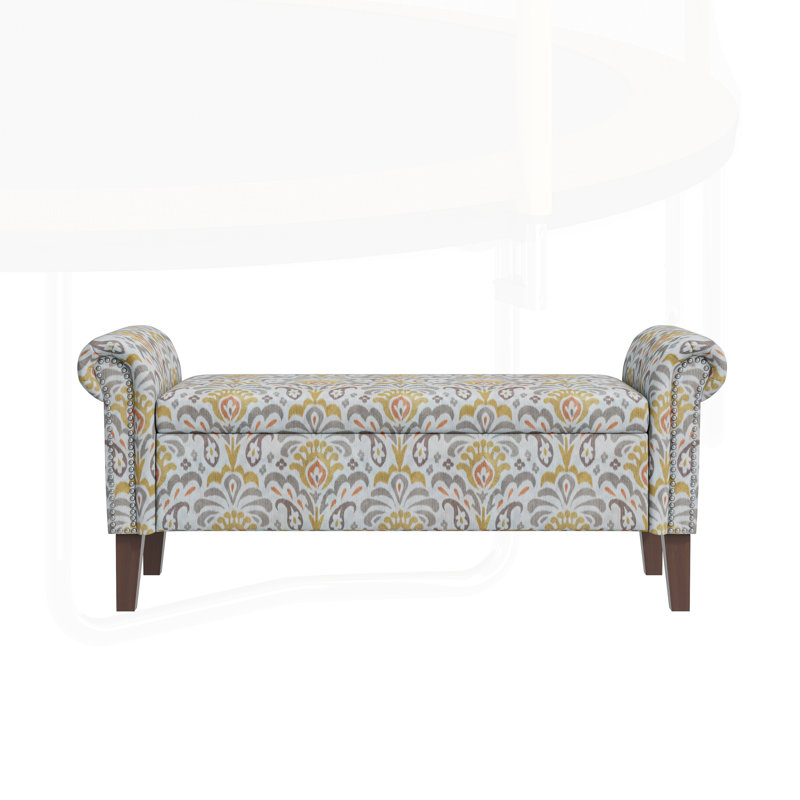 Banc avec rangement à accoudoirs roulés Traditional avec garniture cloutée étain et pieds en bois massif, parfait pour un décor et un rangement élégants