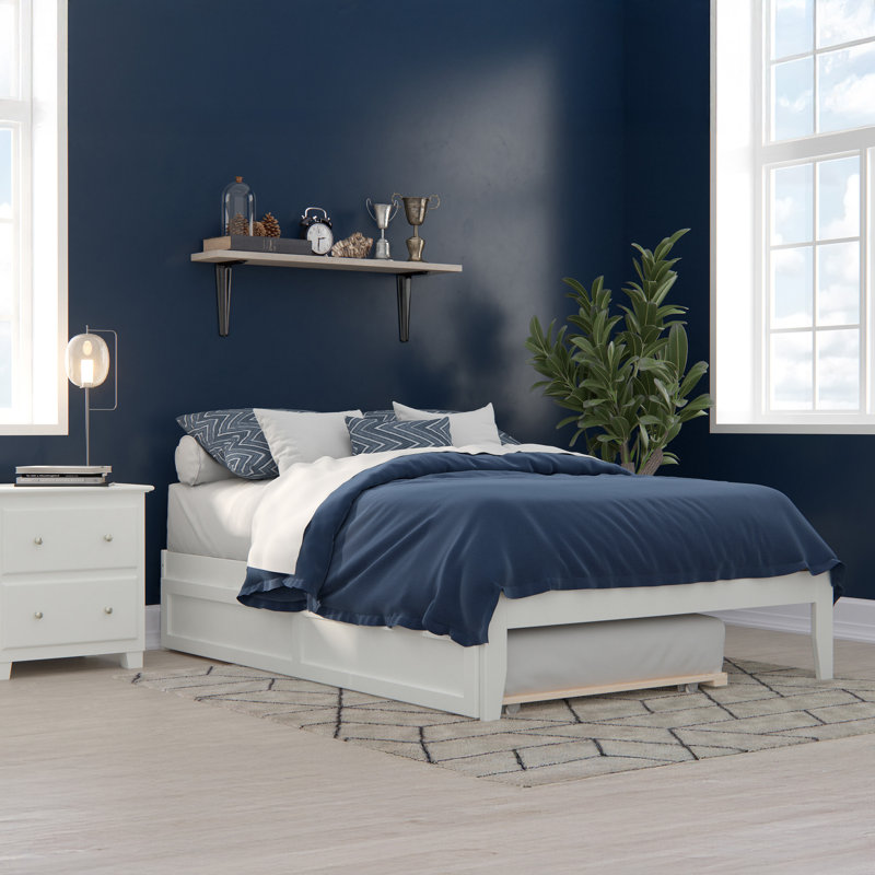 Aayanna Solid Wood Sturdy Platform Bed with Guest Trundle, White, Full