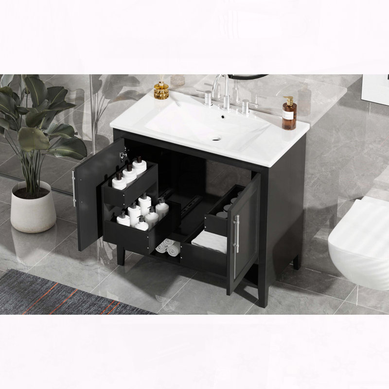 Meuble-lavabo moderne de 36 pouces avec lavabo en céramique et tiroirs multifonctionnels