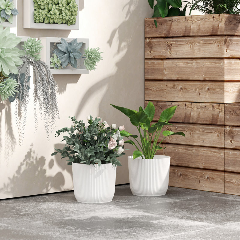 Set of 2 Plant Pots Plastic Outdoor Garden Planters 22cm, 2, White
