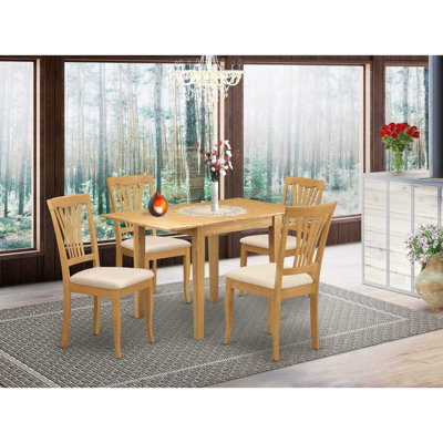 5 Piece Modern Dining Table Set Includes a Rectangle Wooden Table with Dropleaf and 4 Linen Fabric Dining Room Chairs, 30x48 Inch, Oak