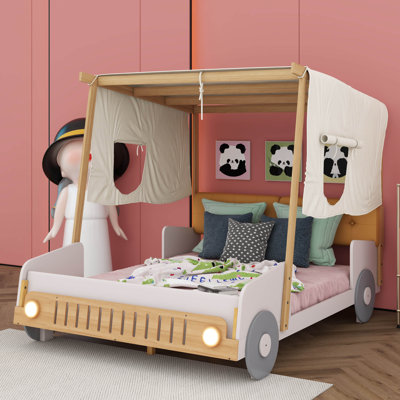 Jahleel Wood Car Bed with Pillow, Ceiling Cloth and LED