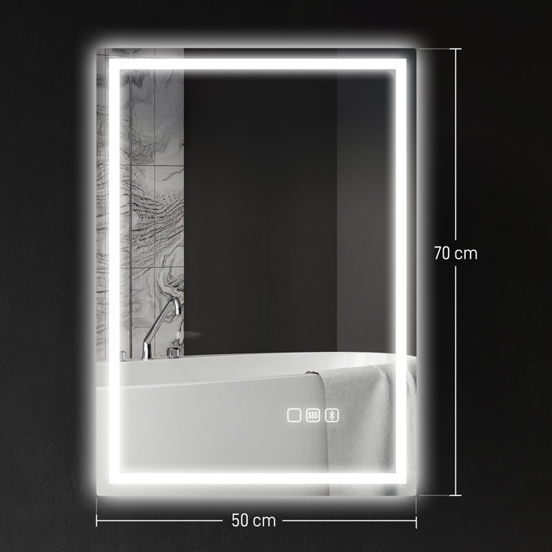 HOMCOM Bluetooth LED Bathroom Mirror, Vertical, 50 cm H x 70 cm W