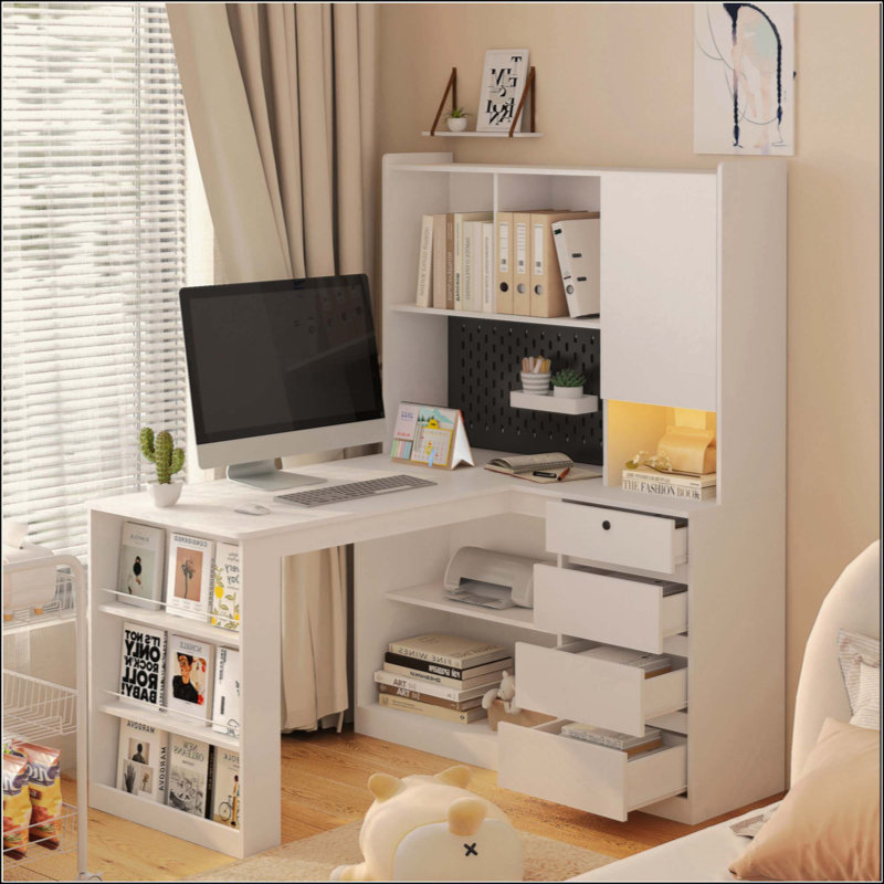 L Shaped Desk With Charger,Computer Desk With Drawers,Bookshelf, With LED Light,Modern Corner Desk,Home Office Desk,L-Shaped Study Table Writing Desk,Corner Gaming Computer Desk With Storage
