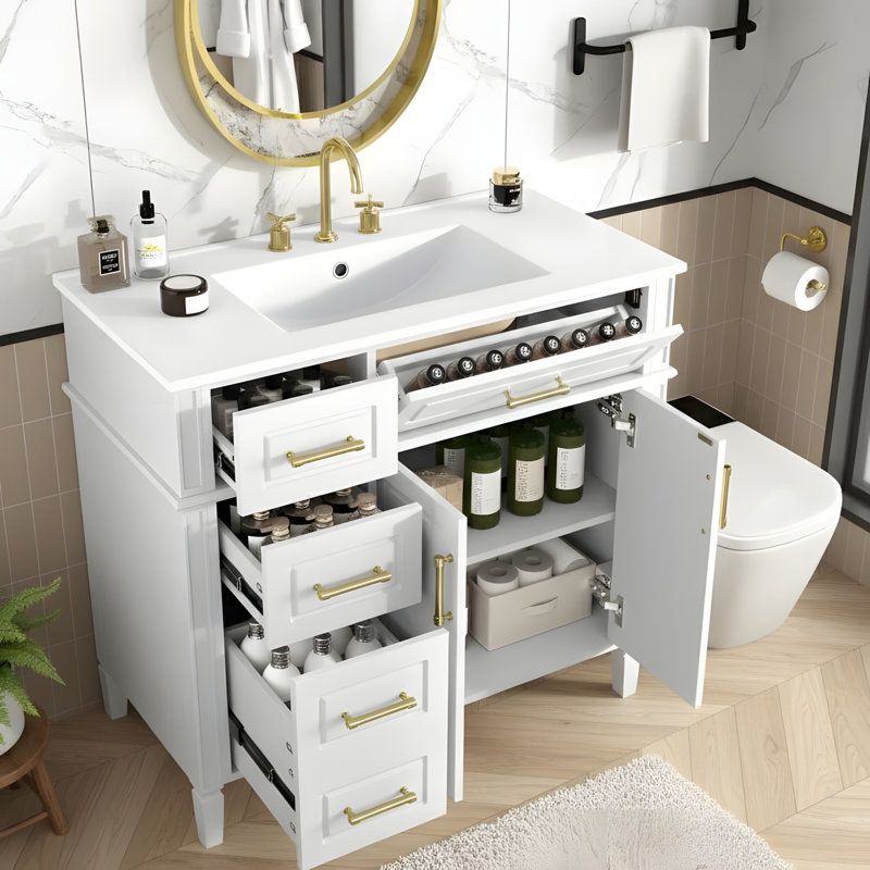 Élégant meuble-lavabo de 36 pouces avec lavabo en céramique, Blanc