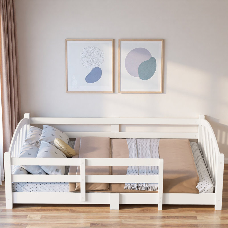 Lit de plancher avec lattes et barrières de sécurité, Lit double, Blanc
