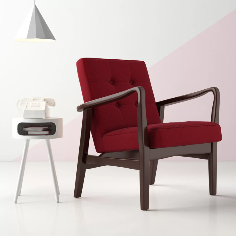 Babic 28.25" Wide Tufted Armchair, Deep Red Polyester, Espresso Wood