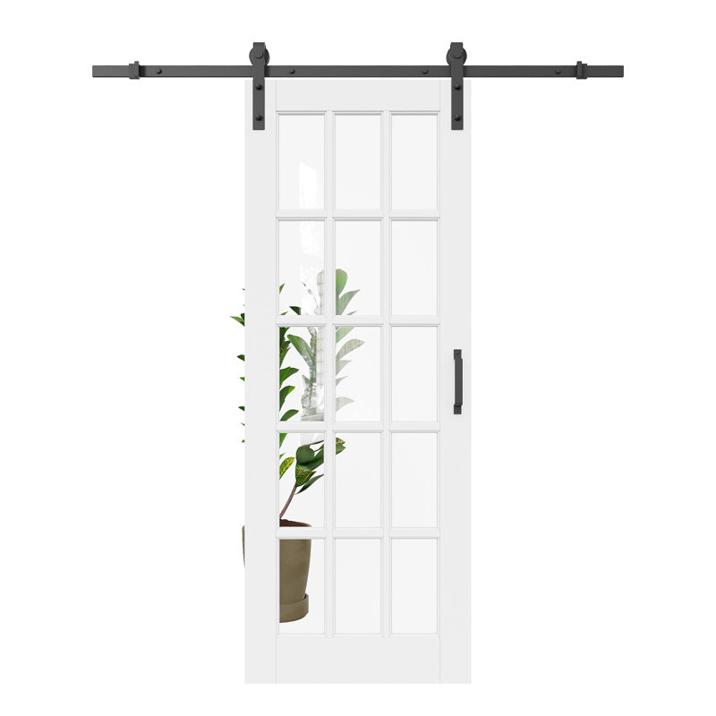 Porte de grange coulissante en verre transparent blanc apprêté 15-Lite avec trousse de quincaillerie d'installation / aucun assemblage requis