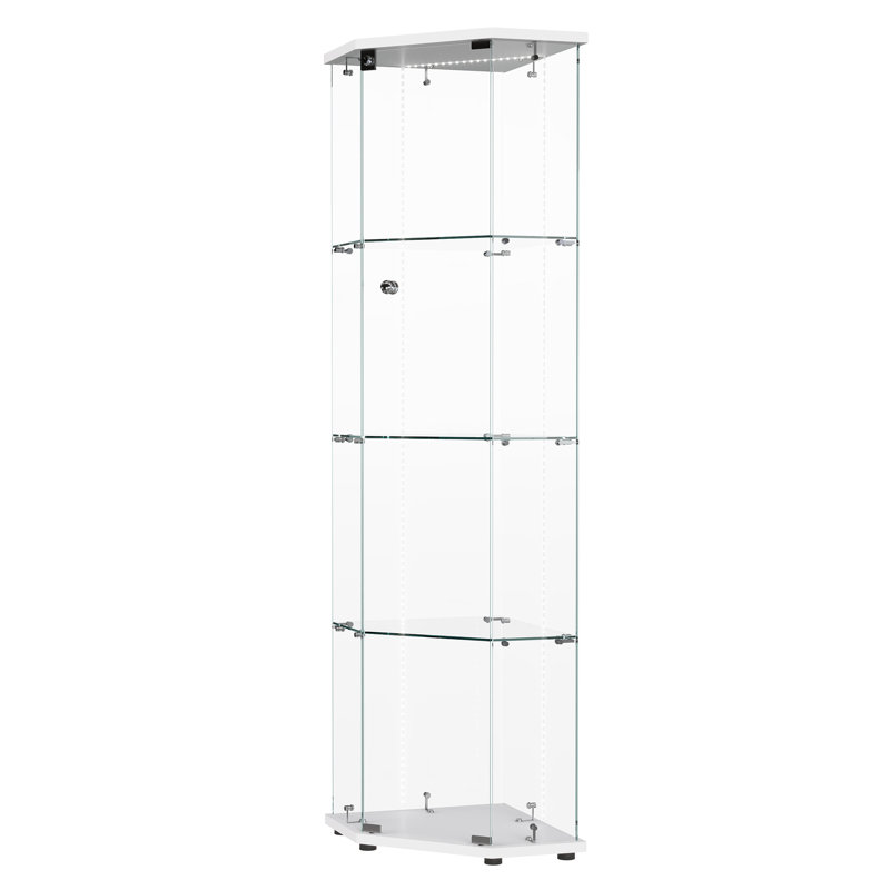 Charmagne With Glass Doors, Lighted Display Case With LED Lights, 4-Tier Bookcase With Lock, Black