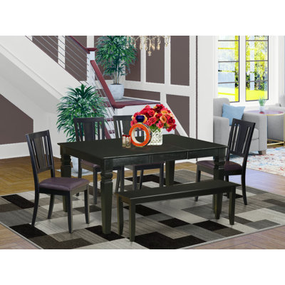 Ensemble de salle à manger 6 pièces comprenant une table rectangulaire avec rallonge papillon et 4 chaises de cuisine en similicuir avec banc, 107 x 152 cm, noir