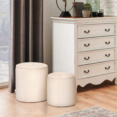 2-Piece Set Round Footstool With Storage Velvet Dresser For Make-Up Modern Upholstered Seat Coffee Table Multi-Purpose Footstool