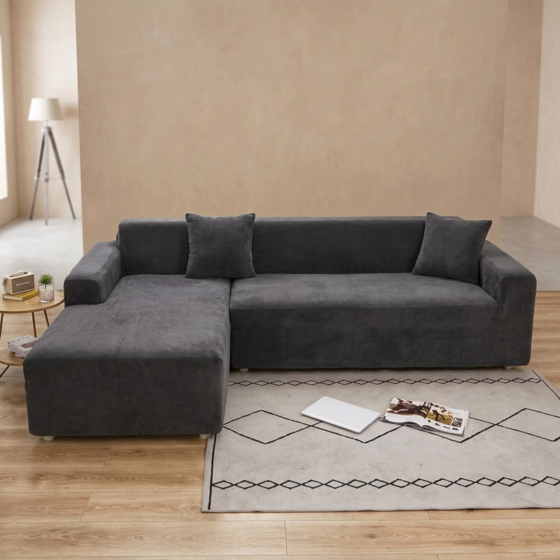 Housse de canapé en L épais en velours - Housse de canapé modulaire avec 2 housses de coussin décoratif, Gris foncé