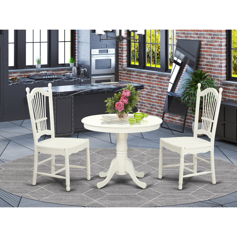Ensemble de table de salle à manger 5 pièces comprenant une table ronde en bois avec piédestal et 4 chaises de cuisine, lin blanc