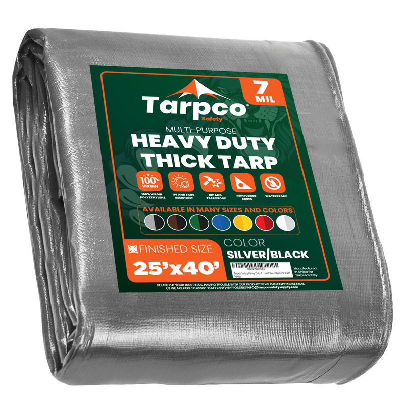 Housse de bâche imperméable robuste de 25 pi x 40 pi, argentée / noire, 7 mil d'épaisseur avec bords renforcés et œillets en métal pour la protection du camping, de la toiture, de la piscine et des bateaux
