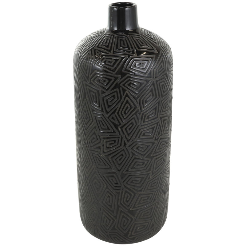 Ceramic Decorative Black Vase with Geometric Etchings, 19.45" H x 7.75" W x 7.85" D