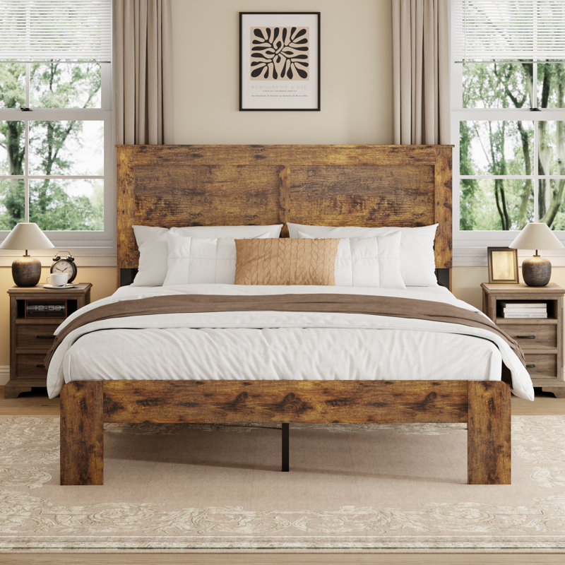 Farmhouse Bed Frame Queen Size，Wooden Platform Bed Frame with Headboard ,No Box Spring Needed,Easy Assembly, Rustic Brown