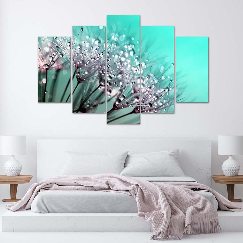 Turquoise Flower Fan - 5 Piece No Frame Print on Canvas, 100cm H x 150cm W