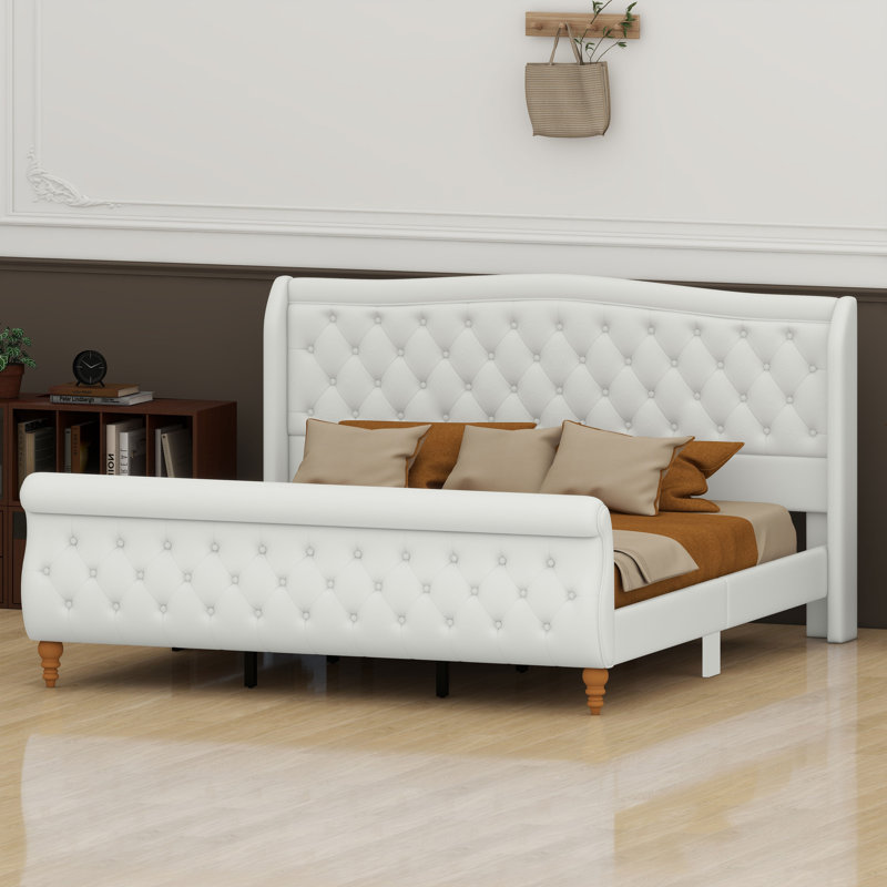 Cadre de lit plateforme avec support renforcé, tête de lit à oreilles et pied de lit traîneau, Très grand lit, Beige