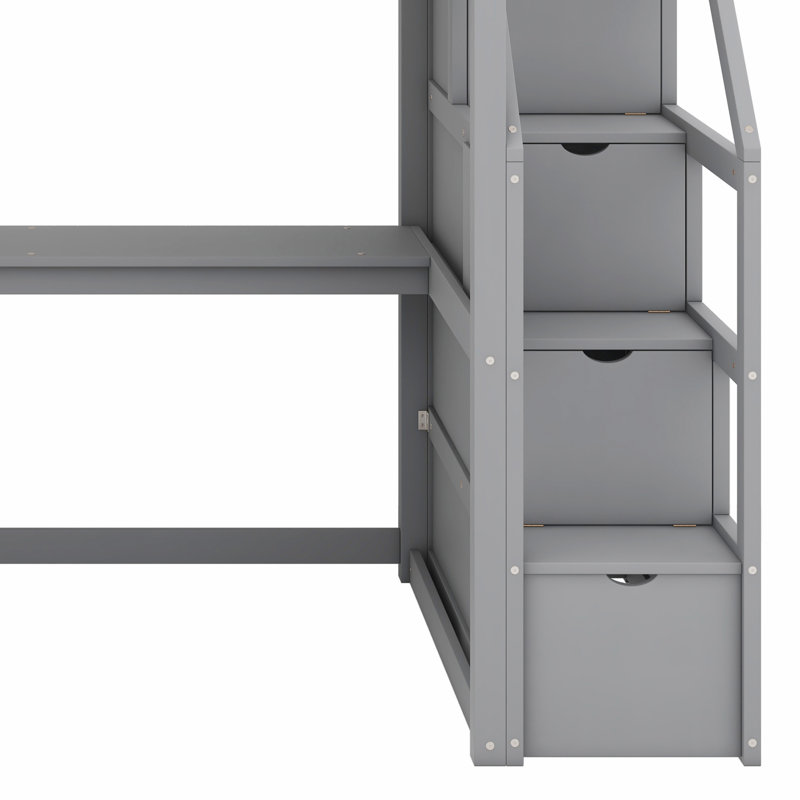 Lit mezzanine avec bureau et tablettes, deux tiroirs intégrés, escalier de rangement, Gris