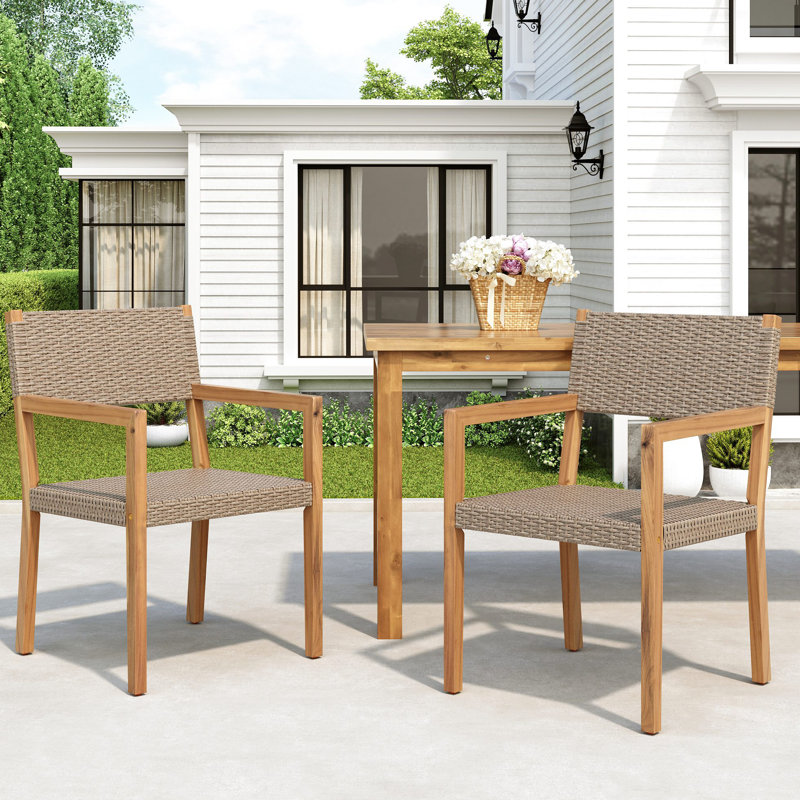 Outdoor Dining Chairs Set Of 2, Acacia Wood Frame And Multi PE Wicker, Ideal For Patios, Gardens